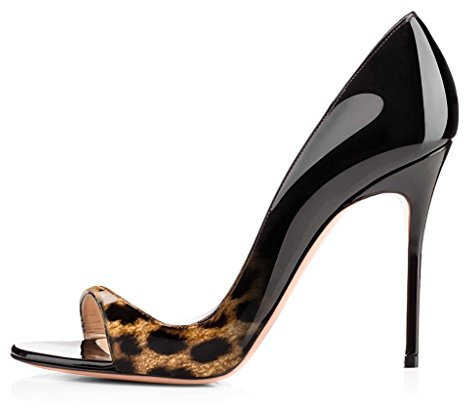 elashe Damenschuhe High Heels Pumps | Open Toe 12CM Cut Out Lack Heels | D'orsay Hochzeit Schuhe | Hochzeit Party Pumps Leopard-Schwarz EU38