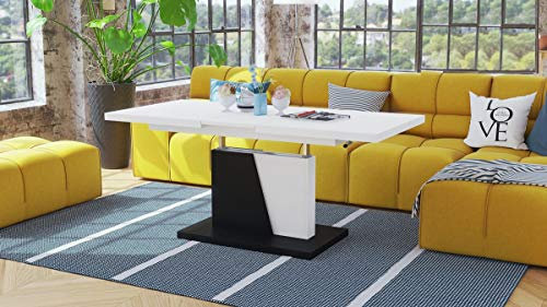 Mazzoni Grand Noir Couchtisch ausziehbar höhenverstellbar 120/180cm in Weiß matt/Schwarz matt modern vielseitig Wohnzimmertisch Esstisch Beistelltisch Sofatisch platzsparend hochwertig Wohnzimmer