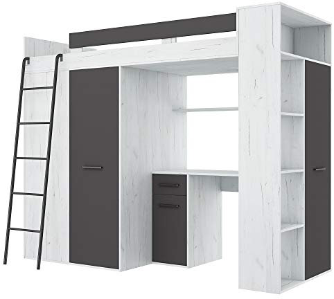 BIM Furniture Hochbett Etagenbett Entresole VERANA L Bett 190x90 cm mit Treppen Kleiderschrank Regal Schreibtisch Kinder Möbel Set Linke Seite (Craft weiß/Graphit)