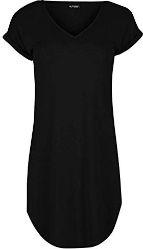 Fashion Star Womens Curved Hem V Neck Baggy T-Shirt Dress Plain Black Plus Size (UK 20/22)