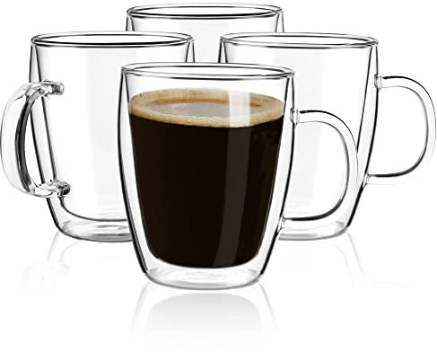 Yuncang Lot de 4 tasses à café en verre isothermes à double paroi avec poignée, tasses à cappuccino avec brosse de nettoyage, 500 ml, parfaites pour les tasses américaines, lattes, boissons,