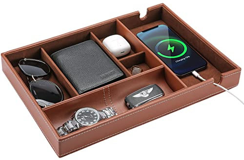 ProCase PU Valet Tray for Dad, Nightstand Organizer EDC Dump Catchall Trays with Phone Charging Station, Dresser Top Entryway Faux Leather Storage Box -Brown