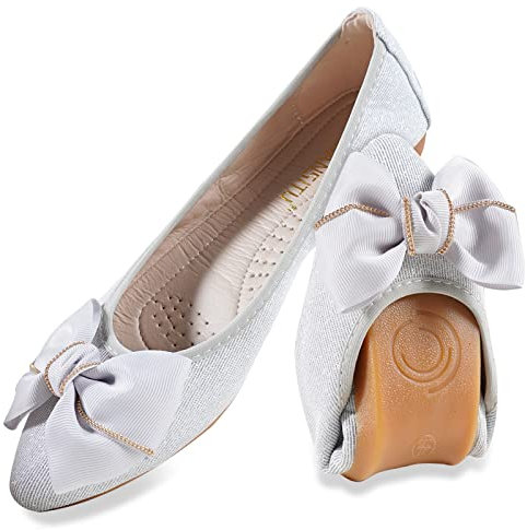 MACHSWON Ballerine da donna scintillanti, comode, casual, a punta, con fiocco, senza lacci, per matrimoni, ballerine eleganti da donna, Argento 6., 38 EU