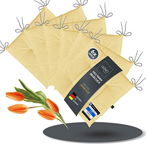 LILENO HOME 6er Set Stuhlkissen Vanille (40x40x4,5 cm) - Sitzkissen für Gartenstuhl, Küche oder Esszimmerstuhl - UV-beständige Indoor u. Outdoor Stuhlauflage als Stuhl Kissen (Laura FUM)