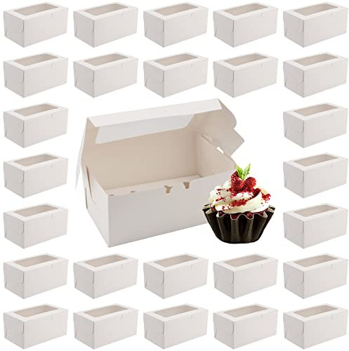 ZEONHEI 50 Pack 2 Hole Cupcake Boxes with Window, White Cardboard Cupcake Boxes, Cupcake Carrier Box Paper Bakery Boxes for Muffin and Cookies, 6.3 x 3.5 x 3 Inch