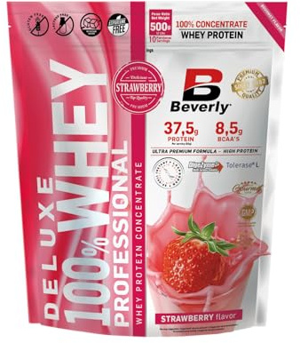 Beverly DELUXE WHEY | Concentrado Premium de Proteína de Suero (Whey Protein) | 500 g | 35 g Proteína por ración | 10 servicios | Tonifica y aumenta la masa muscular - Sabor Fresa