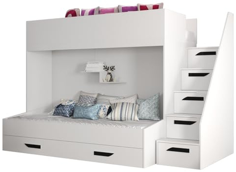 ABIKSMEBLE Party 16 Lit Mezzanine pour Enfant, Adolescent avec Rangement - Lit Superposé avec Deux Surfaces de Couchage, Tiroir sous Lit et Marchepieds - 246,5 x 165 x 135 cm - Blanc Blanc Noir