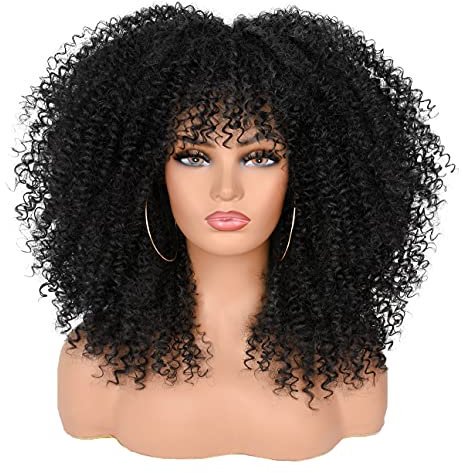 ISAMY Lange lockige Perücken für Schwarze Frauen Afro Bomb Curly Perücke mit Pony Synthetische Faser Klebefrei Lange Afro Kinky Curly Haar (Schwarz)