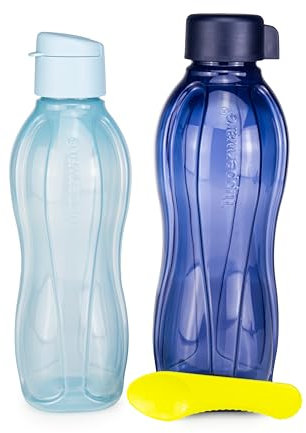 Tupperware EcoEasy Trinkflasche 750 ml hellblau Trinkverschluss + 1 L dunkelblau Schraubverschluss (inkl. 1x Kiwilöffel)