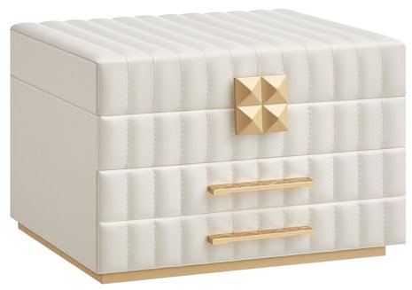 SONGMICS HOME ANAH Kollektion - Schmuckkästchen mit Spiegel 3 Ebenen, Schmuckaufbewahrung 2 Schubladen, PU mit Nähten, schwebender Effekt, 21,5 x 24 x 15,8 cm, Geschenkidee, wolkenweiß JBC183W01