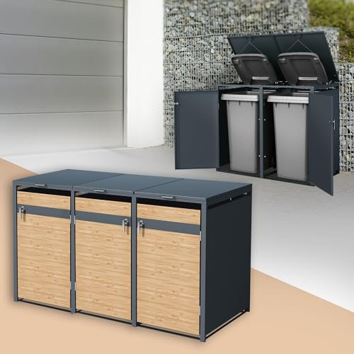 ML-Design Box pour 3 Poubelles, 240L, 200x80x116,3 cm, en Acier, Anthracite/Aspect Mélèze, Résistant aux Intempéries, Habillage Poubelle Verrouillable, Couvercle Rabattable/3 Portes, Conteneur Hangar