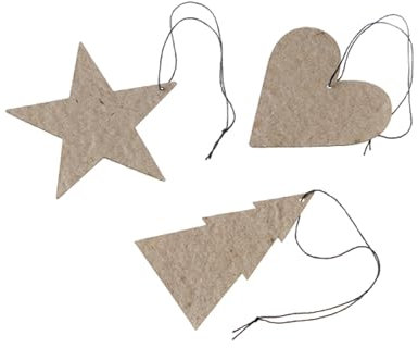 OOhh - Set aus 12 Weihnachtsbaum-Anhänger Geschenkanhänger aus stabilem Zellstoff Papier (je 4X Stern/Herz/Baum) - fair Trade (Natur)