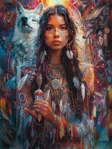 DIY Peinture Numero Adulte femme indienne Peinture Numero Loup Peinture Numero Enfant Adultes Loisirs Créatifs, Peinture par Numéros pou Débutants Activité Manuelle, Cadeau Femme 30x40cm Sans Cadre