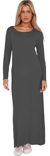 Fashion Flair Long Sleeve Maxi Dresses for Women UK Plus Size Ladies Round Neck Full Length Maxi Dress Top 8-26 Charcoal