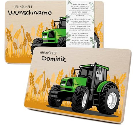 Yabaduu Individuelles Holzbrett für Kinder 23,5x15cm Frühstücksbrettchen Brotzeitbrett personalisiert aus Holz Tier-Motiv als Geschenk Geburtstag Kind RV007 (25 Traktor, Mit Wunschname)