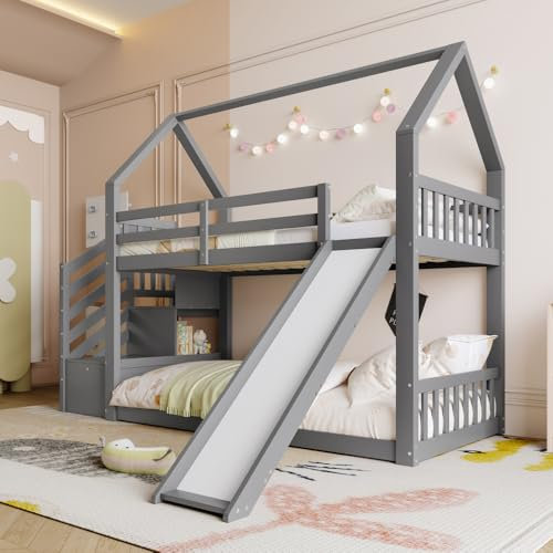 Seyakany Lit Cabane Enfant 90x200cm avec escalier de Rangement et Toboggan,Lit superposé Enfant avec barrière,Pin + MDF,Cadre de lit pour Enfants et Adolescents,sans Matelas,Gris