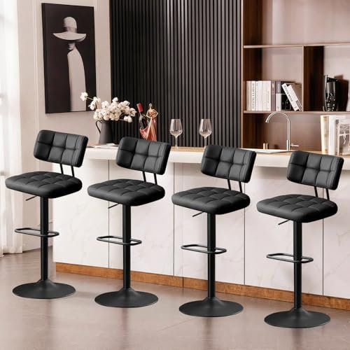 Ckaff Lot de 4 Tabourets de Bar Noir - Bar Réglables en Hauteur Modernes, Chaise de Bar Chaise Haute Bar- Tabouret Ilot Central Cuisine, avec Dossier et Repose-Pieds, Salle à Manger, PU