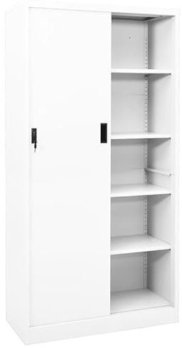 Eleganz Armoire de bureau, avec porte coulissante, blanche, 90 x 40 x 180 cm, en acier, pour salon et bureau, rangement stable pour dossiers et dossiers, design moderne