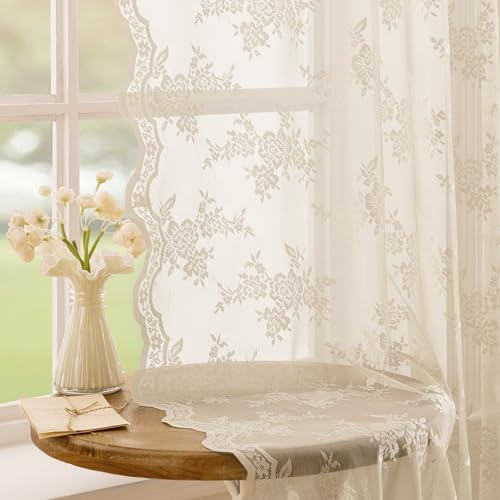 MYSKY HOME Gardinen Spitze Vorhänge mit Kräuselband Vintage Transparent | Haferfarben,2er Set,H245 x B140 cm,Landhaus Gardine Boho,Blumen Bestickte Spitzengardinen,Modern Dekoschal für Schlafzimmer