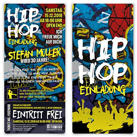 80 x Geburtstag Einladungskarten Eintrittskarte Ticket - 90er Jahre Old School Hip Hop