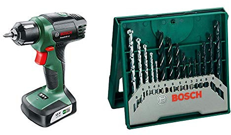 Bosch 06039B3000 Avvitatore EasyDrill 12, 12 V, Verde + 2607019675 X-Line Set Mini, 15 Punte, Metallo Legno Muro