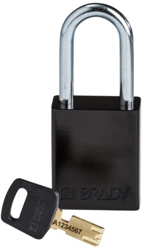 Brady SafeKey Vorhängeschloss Aluminium 1er-Pack - Lockout Schloss mit Schlüssel - Lockout Tagout Sicherheitsschloss für innen und außen - Bügelhöhe 38.10 mm - Verschiedenschließend - Schwarz
