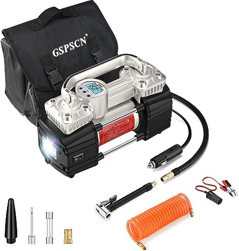 GSPSCN Compressore d'Aria Portatile 12V spegnimento Automatico 150Psi, Digitale per gonfiaggio Pneumatici a Doppio Cilindro Resistente per Auto, Camion, Biciclette, Camper, SUV, ECC.