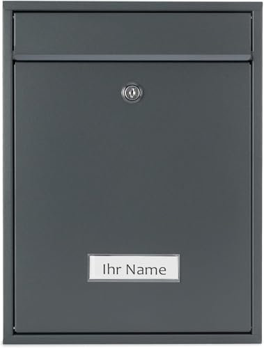 Verda Briefkasten mit Namensschild und großem Briefschlitz, Personaliesiert, Postkasten 32 x 21 x 8 cm, Edehlstahl, Designer Wandbriefkasten, 2x Schlüssel, Anthrazit, Wetterfest, Mailbox, abschließbar