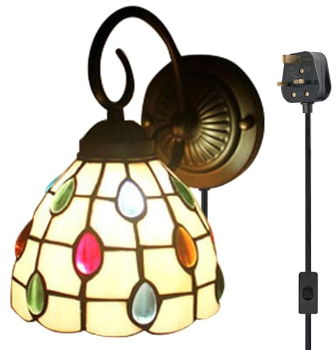 FSLiving Tiffany Wall Lamp LED Sconces Stained Glass Corridor Light Mirror Front Lamp with Plug in CE Certified Cord for Bedroom,Restaurant,Bulb Not Included