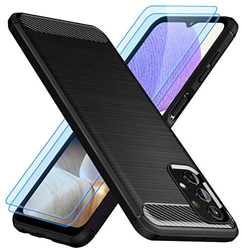 TesRank Cover per Samsung Galaxy A32 5G / Galaxy M32 5G Cover + 2 Pezzi Vetro Temperato, Custodia in TPU Morbido [Fibra di Carbonio], Cover Antiscivolo/Antiurto-Nera (Non per A32 4G / M32 4G)