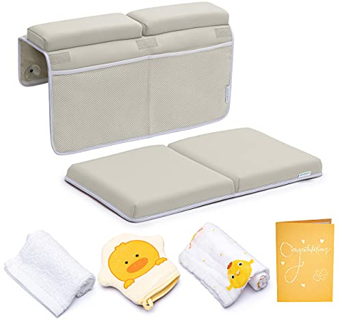 Bath Kneeler with Elbow Rest Pad Set, 1.75 inch Thick Kneeling Pad and Elbow Support for Knee Arm Support, Large Bathtub Kneeling Mat with Toy Organizer for Happy Baby Bathing Time, Beige
