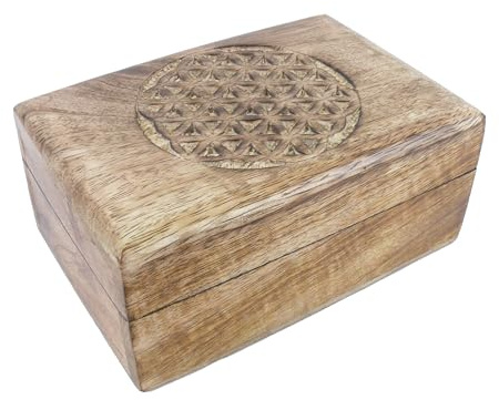 Woru Schatulle aus Palisander-Holz Blume des Lebens handgefertigt 15 cm | Handgefertigte Palisander-Holz-Schatulle mit geschnitzter Blume des Lebens und natürlicher Maserung.