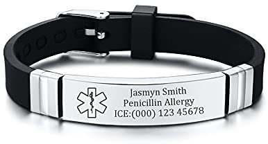 PJ JEWELLERY Edelstahl und Silikon Komfort im Freien medizinische Alarm ID Armbänder anpassen für Herren Teenager
