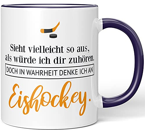 JUNIWORDS Tasse, Sieht vielleicht so aus, als würde ich dir zuhören. Doch in Wahrheit denke ich an Eishockey (1001718), Wähle Farbe, Lila