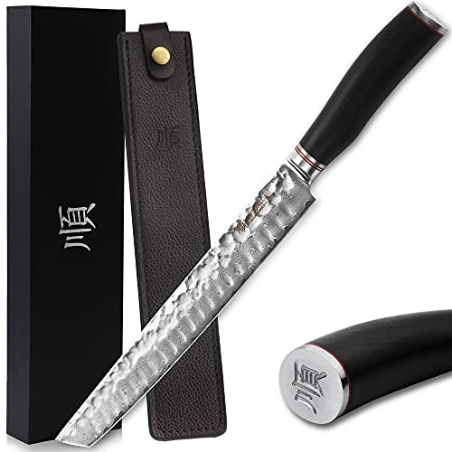 YOUSUNLONG Couteau Sujihiki 11 pouces (279 mm) Couteau de coupe professionnel japonais Couteaux à filet Manche en ébène en acier Damas avec étui en cuir