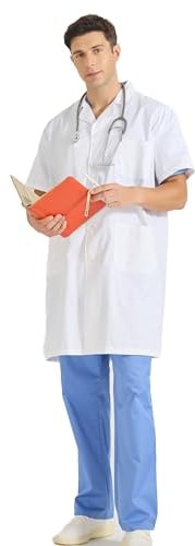 MISEMIYA - Camice Bianco Unisex Collo Risvolto Maniche Corte Uniforme Clinica Ospedale Pulizia Veterinario IGIENE OSPITALITÀ - Ref: 8162 - Medium, Manica Corta