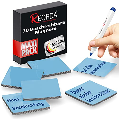 Reorda® Magnetstreifen beschreibbar - 30 Stück wiederbeschreibbar – 7,5 x 7,5 cm (Blau) - Beschreibbare Magnete für Whiteboard, Kanban, Magnettafel oder als beschriftbare Magnete für den Kühlschrank