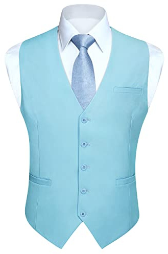 HISDERN Waistcoats for Men Casual uk Waistcoat Mens Waist Coats Blue Regular Fit Men's Wedding Suit Vest with Pockets for Business Party Baby Blue XL