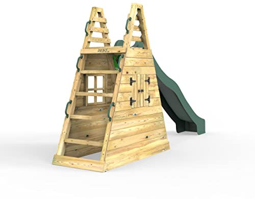 Rebo® Children's Wooden Free Standing 8.7ft Kids Water Slide with Den - Green | OutdoorToys | Pressure Treated Timber - Strong and Sturdy Wooden Ladder with Secret Hideaway