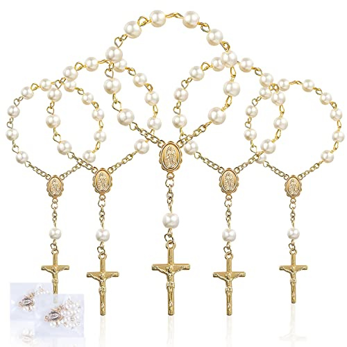 SWAWIS 30 Piezas Rosarios de Bautismo Mini Rosarios de Dedo de Cuentas de Perlas de Imitación para Bautizo de Comunión de la Boda de la Fiesta, Oro