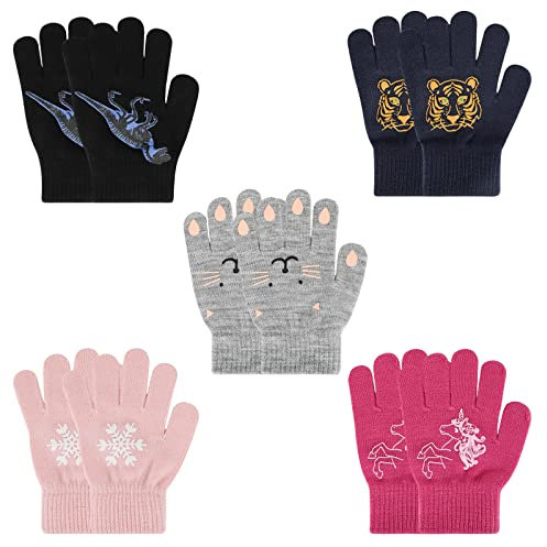 Jupsk Kinder Winterhandschuhe Fingerhandschuhe Strickhandschuhe Warme Bunte Radhandschuhe für Mädchen Jungen 5-10 Jahre Alt, 5 Paare