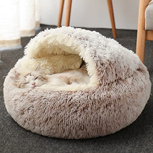 DG Catiee Cama cueva para gatos, cama para perros pequeños, tamaño mediano, calmante para gatos, esponjosa, cálida, iglú, para gatos de interior, cachorros, perros pequeños (felpa, 40 cm, marrón)