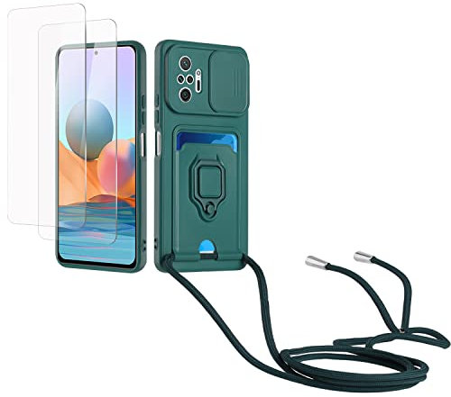 Kaslly Case für Redmi Note 10 Pro/Note 10 Pro Max Handykette Hülle+[2 Schutzfolie Glas],Slide kameraschutz,Silikon Handyhülle zum Umhängen Kette,Kartenfach-dunkelgrün