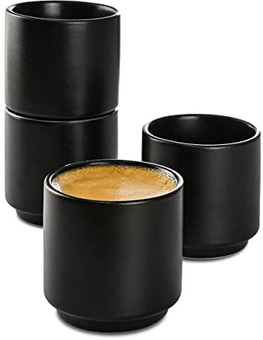 Cosumy Espressotassen Schwarz 8er Set aus Keramik - Stapelbares Design - Dickwandig - Spülmaschinenfest - 70 ml