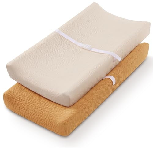 Blissful Diary Musselin-Wickelunterlagen-Bezug für Mädchen und Jungen, ultraweiche, atmungsaktive Baumwolle, Baby-Wickeltischunterlagen, 2 Stück (Retro Gelb & Beige)