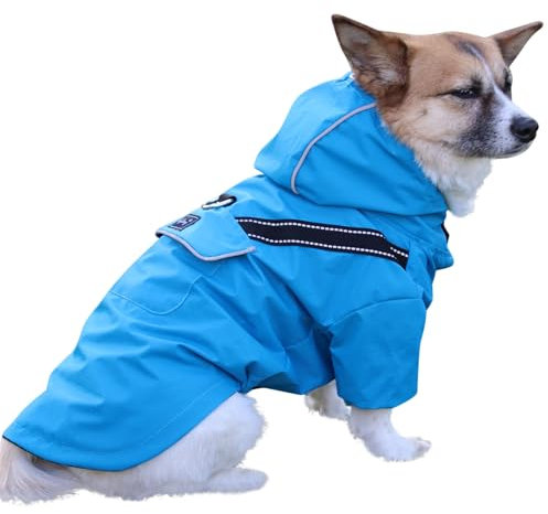 JoyDaog Premium-Regenmantel Mit Kapuze für Mittelgroße Hunde, Outdoor-Sport, Wasserdichte Regenjacke, Welpen-Regenmantel Mit Taschen, Blau, Größe M