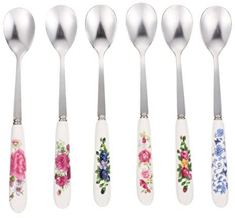 Luxshiny Coffee Spoon 6pcs Dessert Spoons, Stainless Steel Dessert Coffee Spoons Ice Cream Teaspoon, Teaspoons with Ceramic Handle for Home Restaurant Tea Spoons for Hot Tea