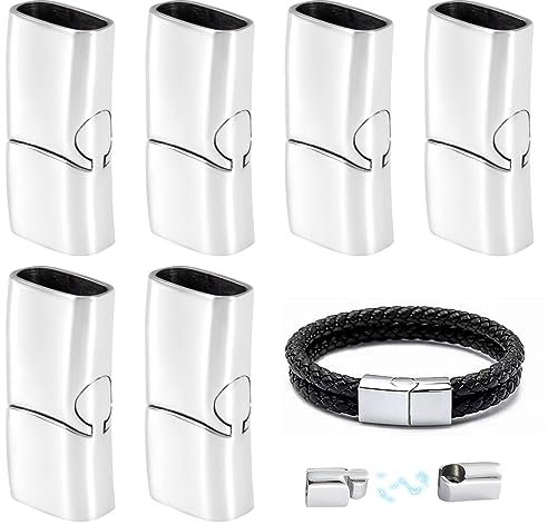 Magnetisch Rechteck Verschlüsse für Armband - 6 Stück Edelstahl Flach Endkappen - Schmuckherstellung Lederband Schnalle Bohrung 12x6mm Silber