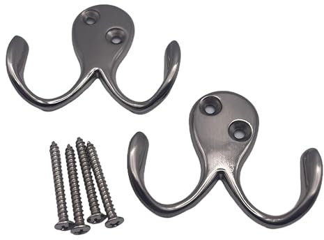 Aretro Satin Nickel Stainless Steel Effect Two Pronged Coat Hooks Double Prong Wall Mounted Decorative Clothes Hat Hooks Robe Hooks Screw in Door for Kitchen Bedroom Wall Bathroom Hanging with Screws