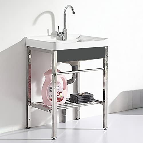 OQHAIR Fregadero de Banco de Trabajo con un Solo Recipiente Fregadero de baño de cerámica Fregadero Compacto de Pedestal de cerámica Blanca con escurridor y Grifo Fregadero Independiente